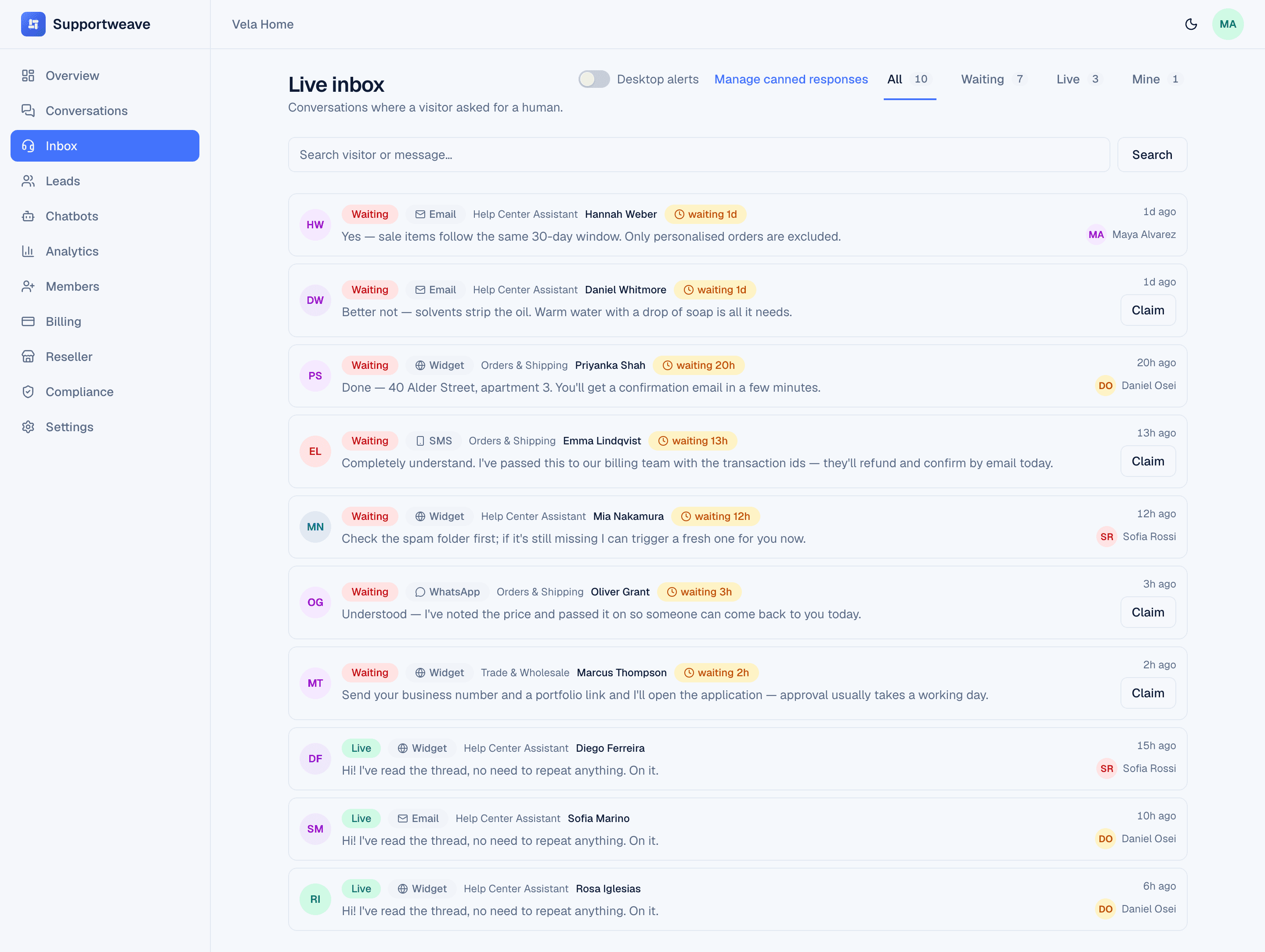 A live handoff inbox